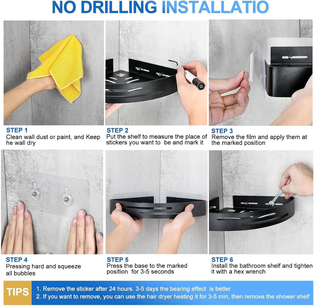PNNP Duschablage Ohne Bohren Ecke: Duschregal Schwarz Matte 2 Stück - Badregal Mit 4 Haken, Badezimm