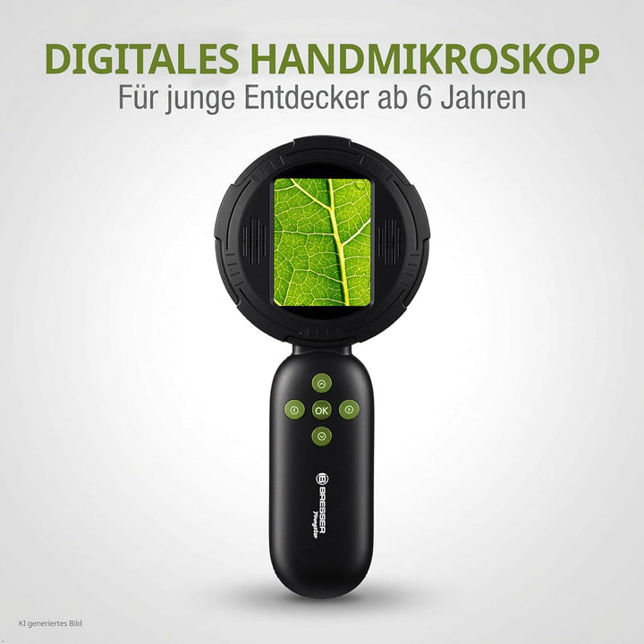 Bresser Digitales Handmikroskop für Kinder & Eltern 10× optisch/bis 40× digital, 8 dimmbare LEDs, Fo