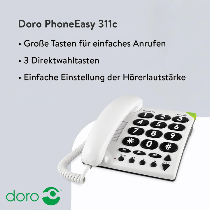 Doro 3891 PhoneEasy 311c, Schnurgebundenes Grosstastentelefon mit optischerAnrufsignalisierung,weiss