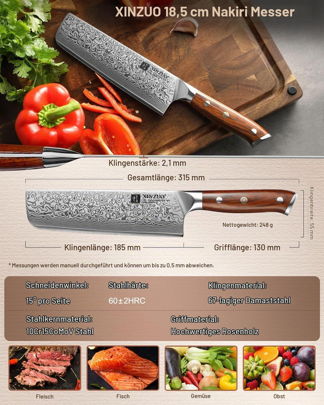 XINZUO 18.5cm Damaskus Nakirimesser, scharf Küchenmesser 67 Schichten Damaststahl profi Kochmesser C