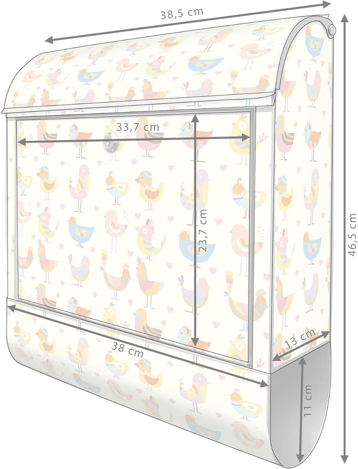 banjado® Design Briefkasten personalisiert mit Motiv Lustige Vögel 39x47x14cm & 2 Schlüssel - Briefk