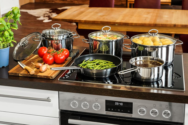 Kopf Topfset Merkur aus Edelstahl - Induktionstöpfe mit Schüttrand, Literskala und Glasdeckel – 6-te