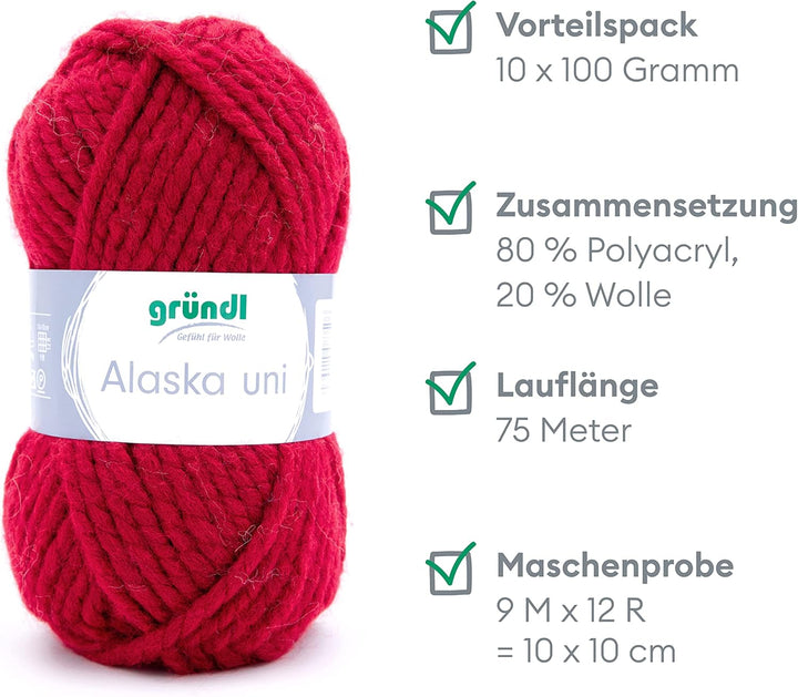 Gründl Alaska uni (Strick- und Häkelgarn mit wollartigem Charakter aus 80% Polyacryl und 20% Wolle,