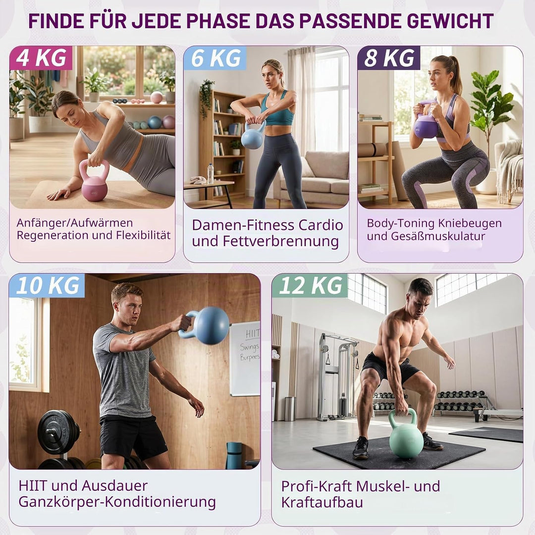 Soft Kettlebell 4-12kg - Bodenschonend und Leise, Eisensand-Kugelhantel mit ergonomischem Griff für