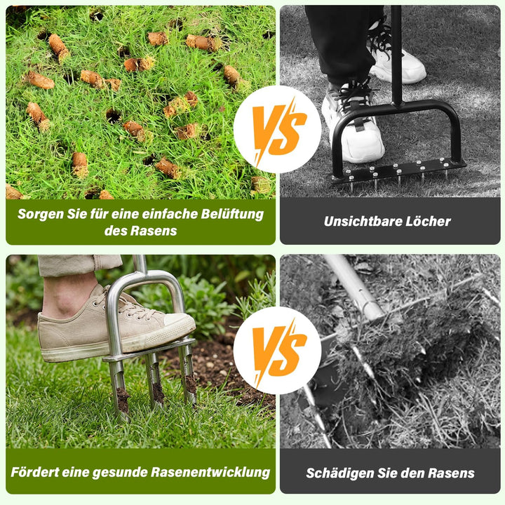Aerifizierer für Rasen, 2-in-1 Rasenspecht mit 3 Hohlspoo, Edelstahl T-Griff-Rasenlüfter für verdich