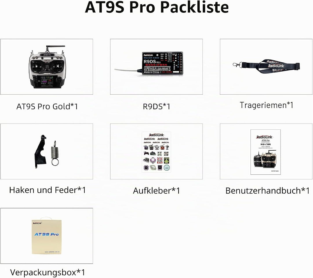 Radiolink AT9S Pro RC Fernsteuerung mit Empfänger, 10/12 Kanäle mit Empfänger-R9DS 2.4 GHz Fernbedie