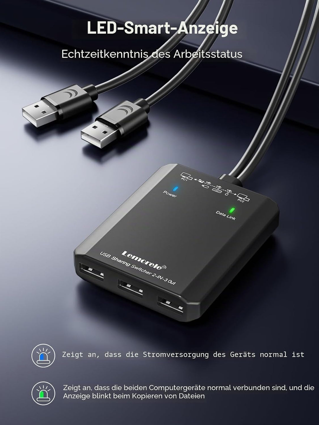USB Switch Adapter, Lemorele 3 Ports USB Share USB Switch für 2 PCs, 2 In 3 Out USB KVM Switch Hub m