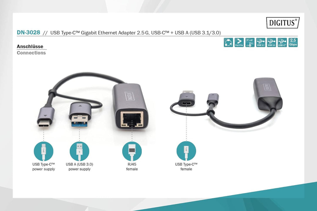 DIGITUS DN-3028 USB Type-C™ Gigabit Ethernet Adapter 2.5G, USB-C™ + USB A (USB3.1/3.0)