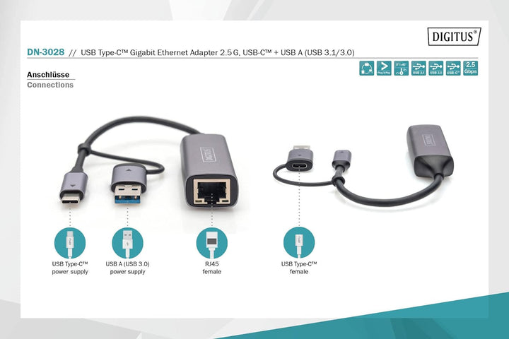DIGITUS DN-3028 USB Type-C™ Gigabit Ethernet Adapter 2.5G, USB-C™ + USB A (USB3.1/3.0)