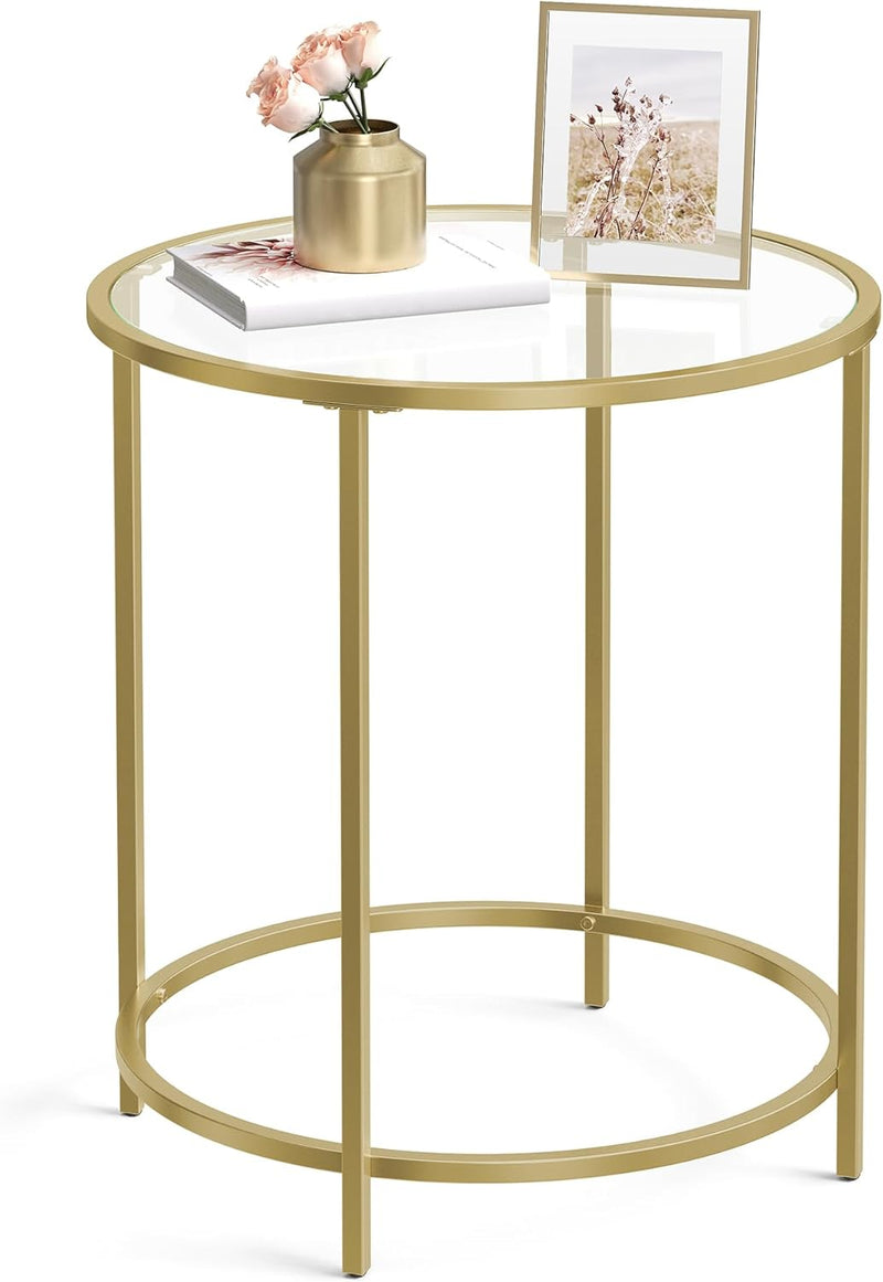 VASAGLE Beistelltisch rund, Glastisch mit goldenem Metallgestell, Kleiner Couchtisch, Nachttisch, So