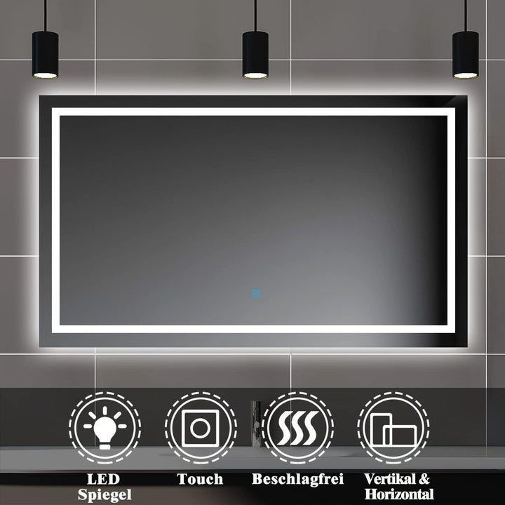 Badspiegel mit Beleuchtung,100x80cm LED Wandspiegel mit Touch-Schalter,Beschlagfrei,Badezimmerspiege