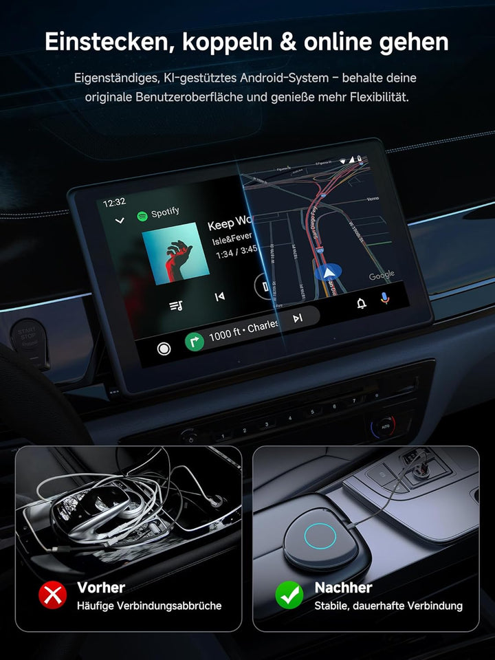 AI Box CarPlay Wireless Adapter & Android Auto Wireless Adapter mit Integriertem 4G, Wi-Fi, Dual BT,