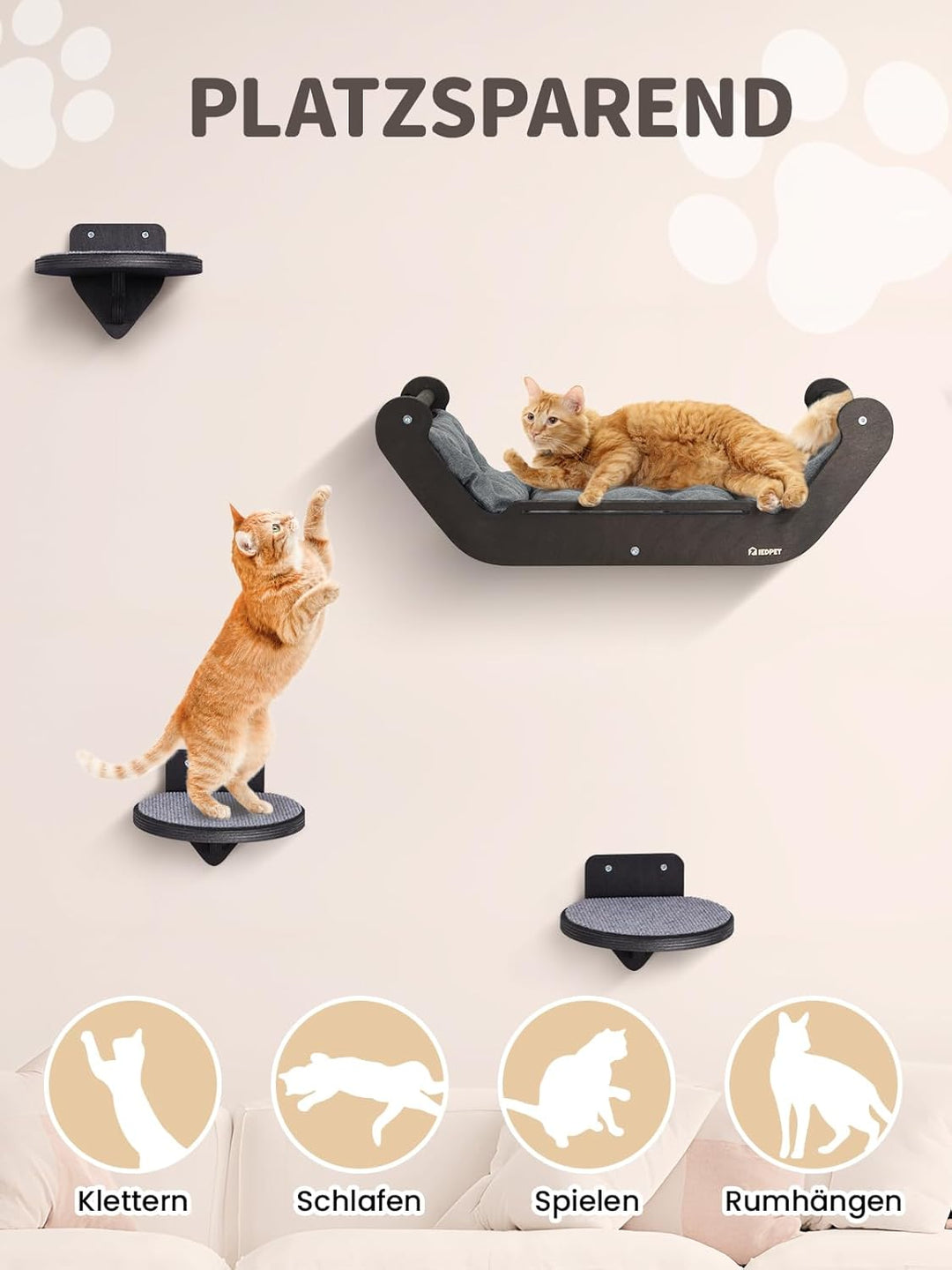 Kletterwand Katzen Set mit Katzenbett und 3 Stufen, Katzenmöbel aus Holz Katzentreppe, Katzen Wandel