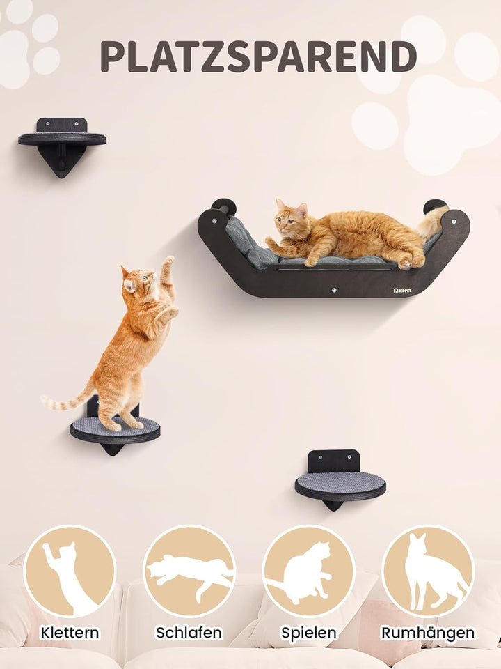 Kletterwand Katzen Set mit Katzenbett und 3 Stufen, Katzenmöbel aus Holz Katzentreppe, Katzen Wandel