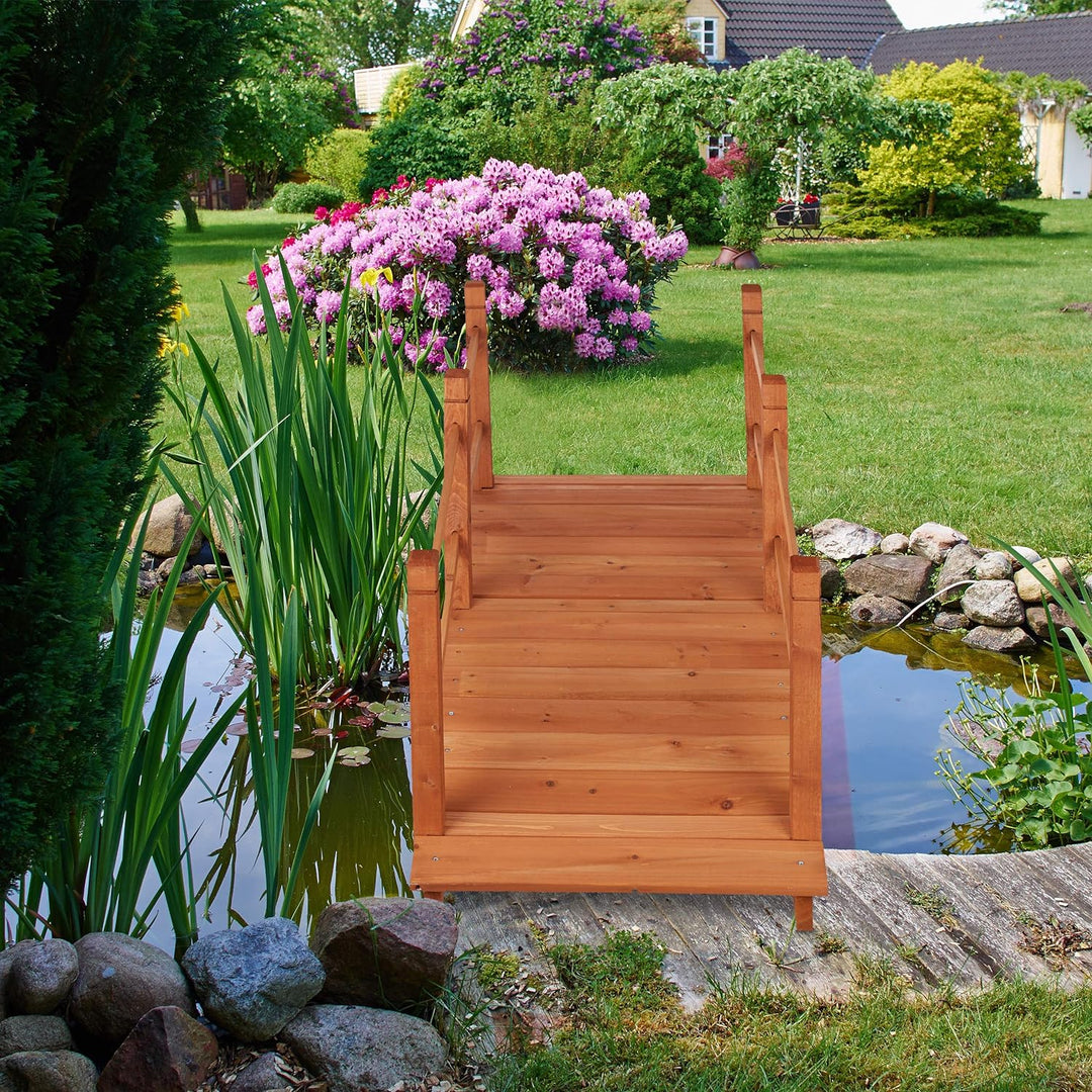 Relaxdays Teichbrücke, mit Geländer, begehbar, Teichübergang, Garten Dekoration, Holzbrücke, HxBxT: