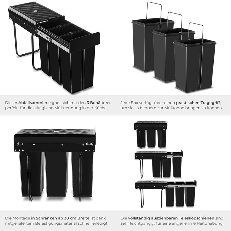 tectake® Abfallsammler, Mülleimer 3 Fächer, Mülltrennsystem Küche, für Schrank, Mülleimer Küche ausz