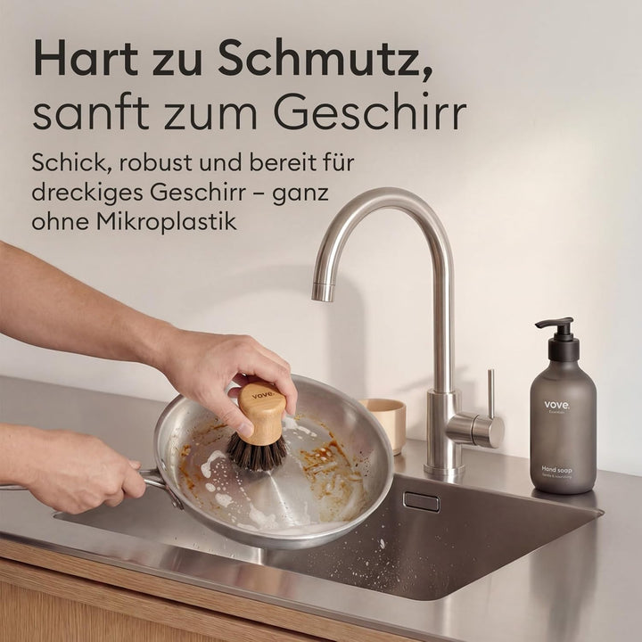 Vove Küchen-Reinigungsset – Bambus-Spülbürste mit Ersatzkopf, 2 Scheuerbürsten & 2 Scheuerschwämme –