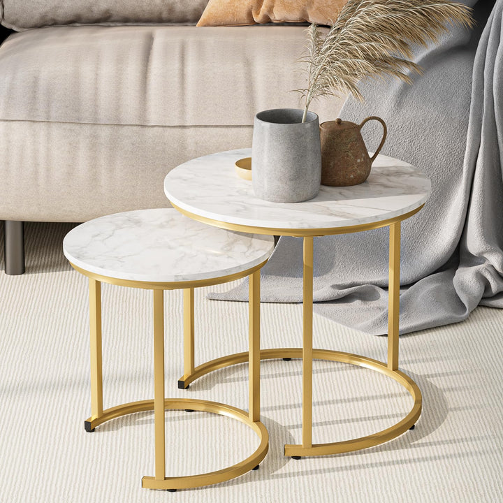 HEYZOEY Couchtisch Rund 2er Set, Wohnzimmertisch, Beistelltische Gold Metall, Kaffeetisch für Sofati