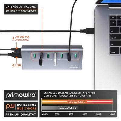 CSL - USB 3.2 Gen2 Hub - 7 Port Verteiler aktiv - 10 Gbit/s – Aktiver Betrieb – mit Netzteil – Metal