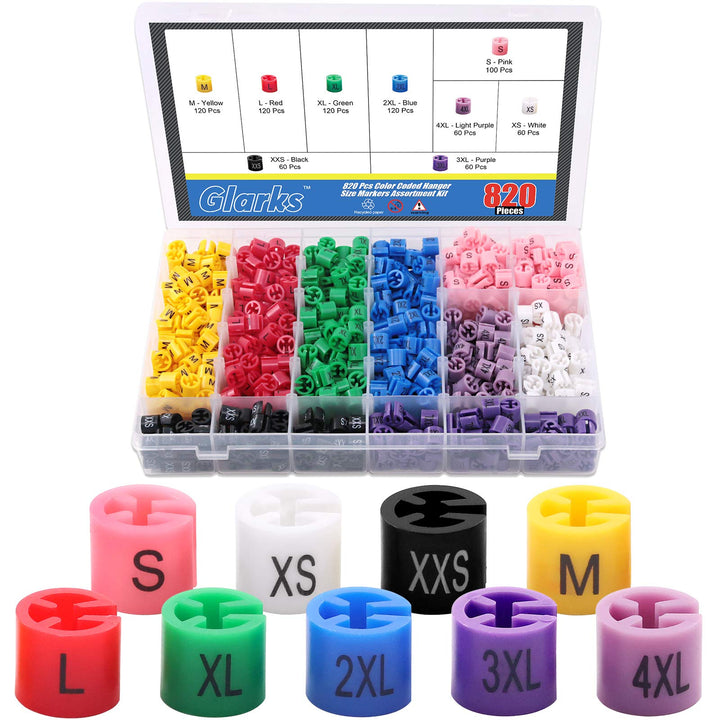 Glarks 820 Stück, 9 Farben, XXS – 4XL, farbige Kleidergrössenmarkierer, farbcodierte Grössenclips, S
