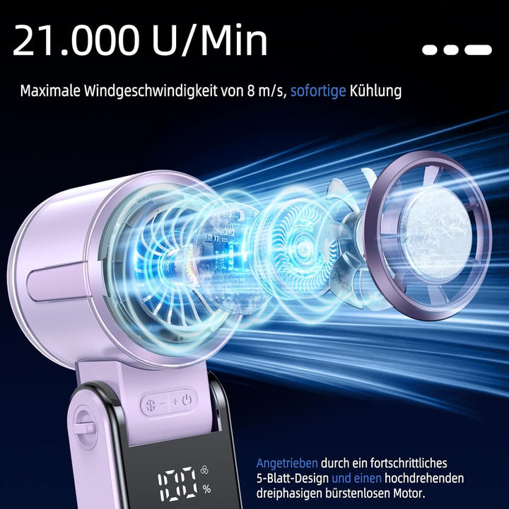 Handventilator Akku Aufladbar, Tragbarer Klein Turbo-Ventilator mit 100 Stufen Wind, 3-in-1 Mini Ven