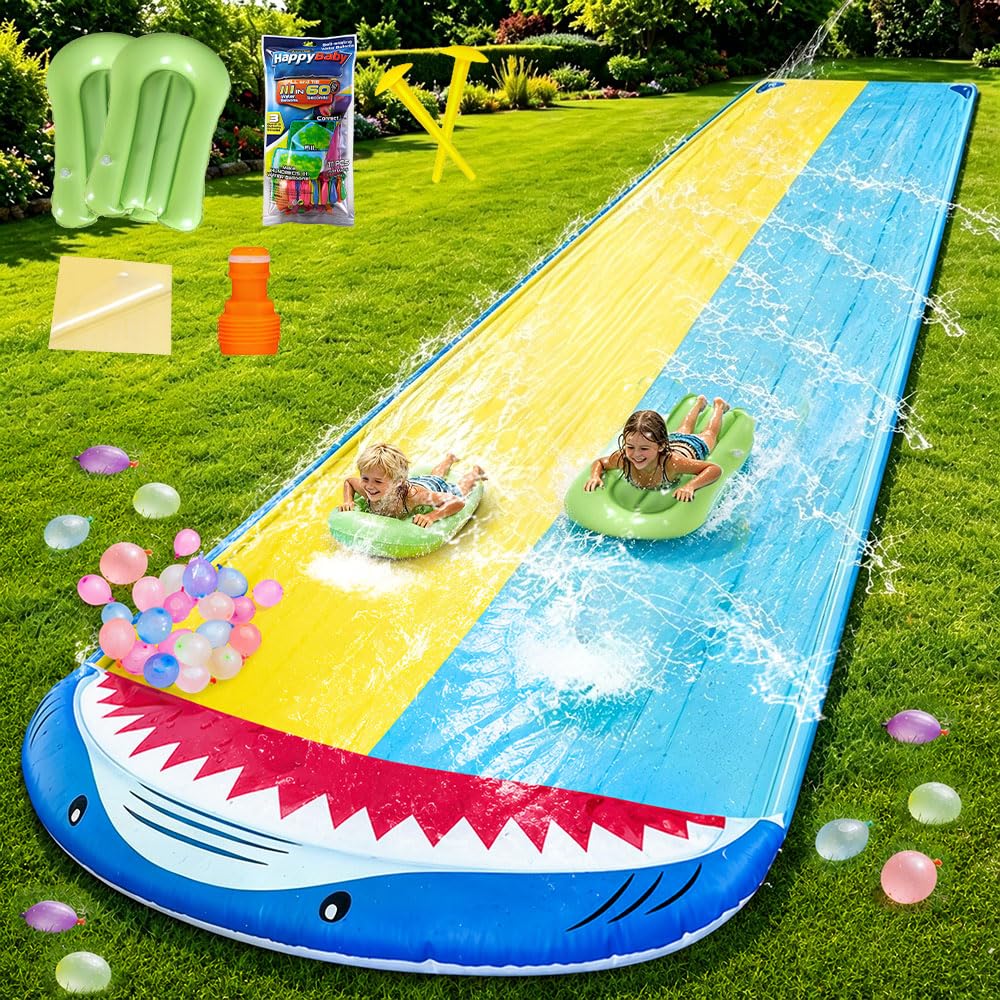 Double Wasserrutsche, 15.7ft x 55.1in Rutschbahn Outdoor Wasser mit 2 Bodyboards, Wassersprüher, Was