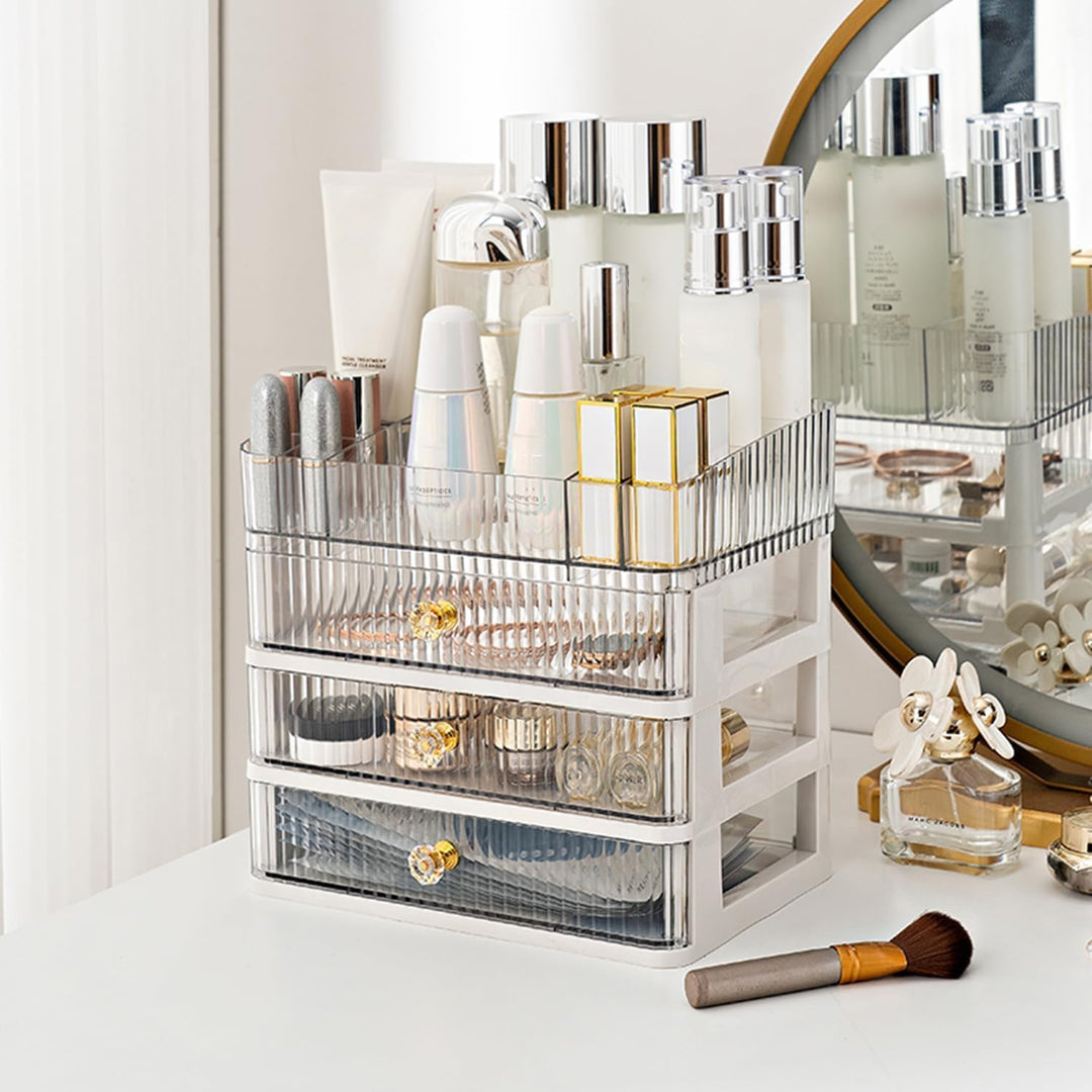 Make-up-Organizer mit 3 Schubladen – Stapelbarer Acryl Kosmetik-Organizer mit herausnehmbarem Tablet