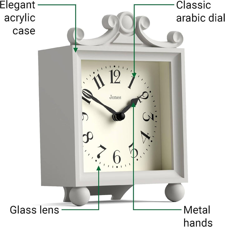 JONES CLOCKS® Parlour Kaminsims Uhr | Klassische Kutschenuhr | Hellgrau | Elegantes quadratisches de