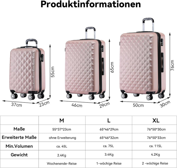 BEIBYE Zwillingsrollen 2066 Hartschale Trolley Koffer Reisekoffer Gepäck M-L-XL-Set (Rosa Gold, XL)