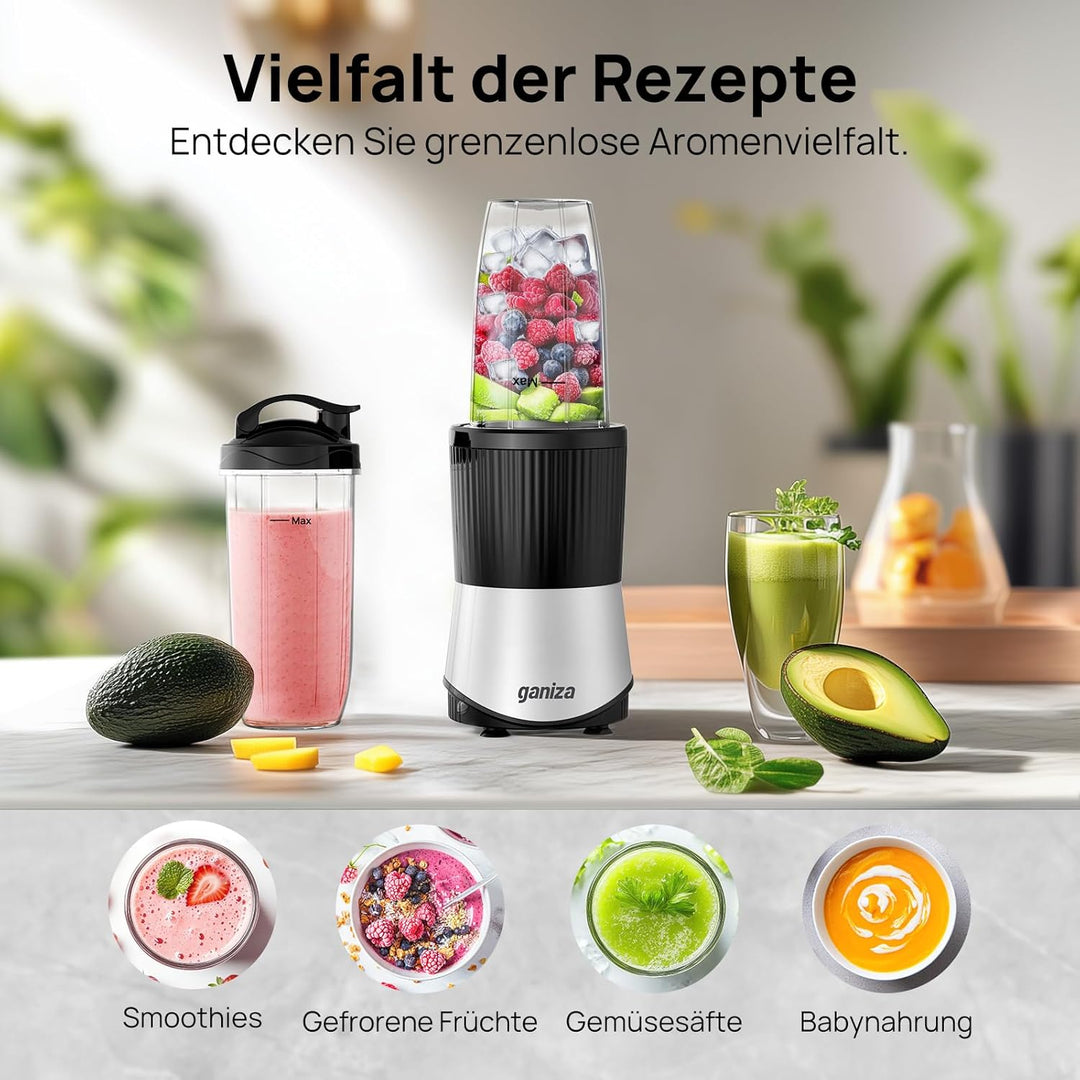 Ganiza Smoothie Maker, 900W Mini Standmixer, Mixer mit 25.000 U/min, 3 Tritan-To-Go-Bechern(300ml&50