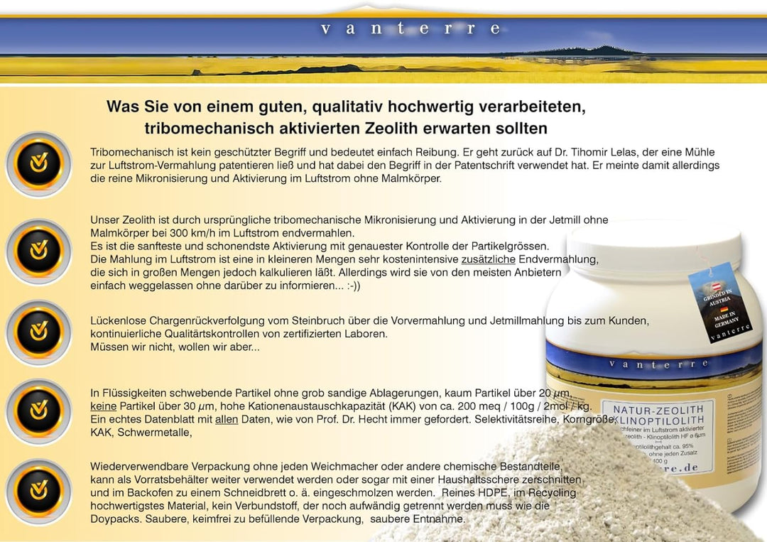 vanterre 1400g ZEOLITH - KLINOPTILOLITH ø 6µm - Im Luftstrom vermahlen und aktiviert