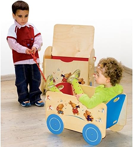 Dida - Holzwagen mit Rädern für Gegenstände und Kinderspielzeug. Dekoration: musizierende Tiere. Lei