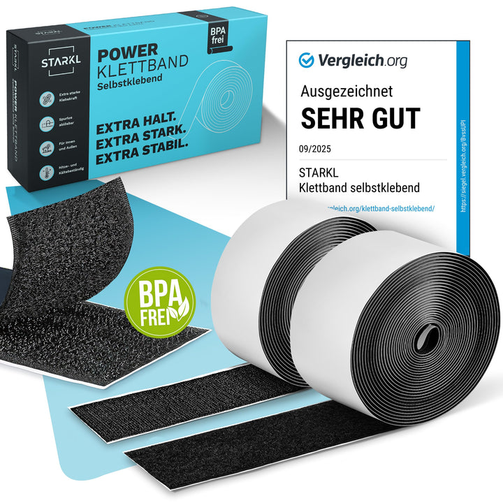 STARKL® Premium Klettband selbstklebend Extra Stark u. Extra Breit (Schwarz) I 5m x 50mm Klettversch