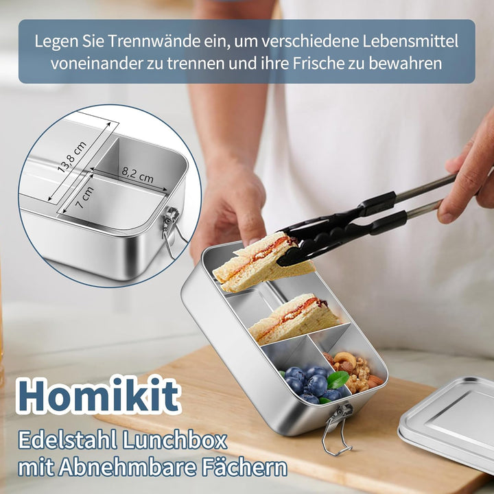 Homikit Brotdose mit Fächern, Edelstahl Bento Box Lunchbox mit Tasche, 1400ml Lunch Box für Kinder &