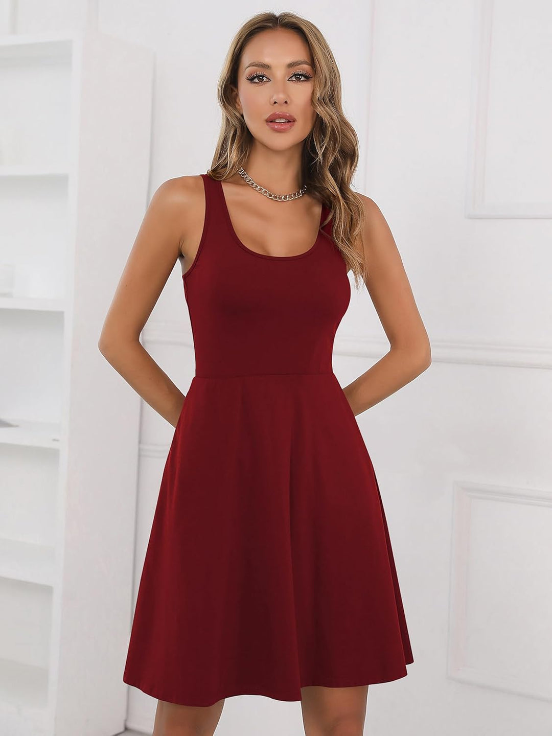 Missufe Damen Sommerkleid Minikleid Rockabilly Freizeitkleid Skaterkleid Kurzes Tank Kleider M Weinr