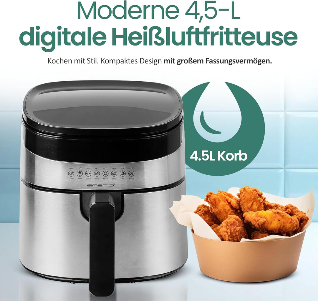 Emerio 4.5 Liter grosse digitale Heissluftfritteuse TOP AirFryer Frittieren ohne zusätzliches Öl 8 A