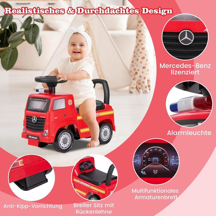 GOPLUS Kinder Rutschauto, Mercedes Benz Feuerwehrau mit Musik, Hupe & Straum unter dem Sitzen, Feuer