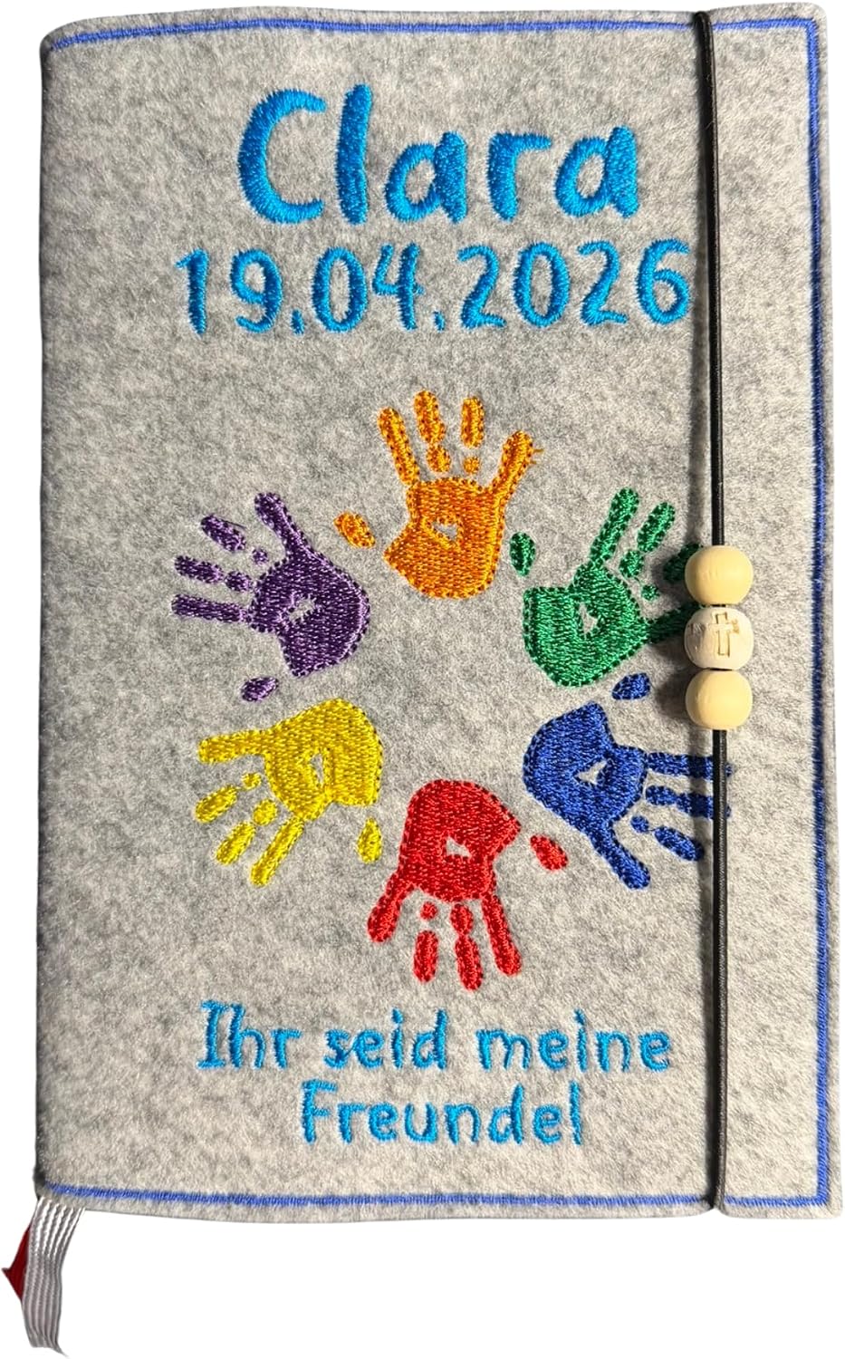 Gotteslobhülle personalisiert – Filz Umschlag mit Bunten Händen – bestickt mit Name & Datum – Gesche