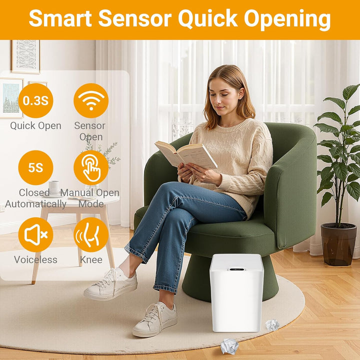 15L Badezimmer Mülleimer mit Deckel,Automatischer Sensor Mülleimer aus Kunststoff,IPX5 Wasserdichter