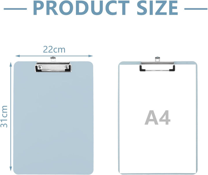 10 Stück Klemmbrett A4, Kunststoff Klemmbretter A4 in Hellblau 312 x 223 mm, Flache Clipboard mit Me