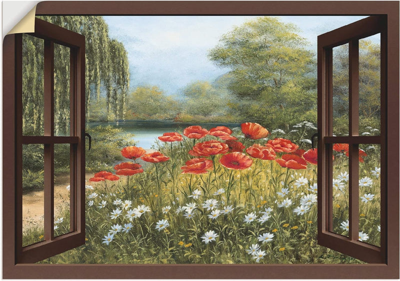 ARTland Wandbild selbstklebend Vinylfolie 100x70 cm Fensterblick Landschaft Blumen Mohnblumen See Bl