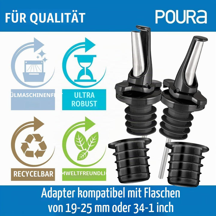 Poura Ausgiesser für Spirituosen oder Olivenöl - Spülmaschinenfeste Flaschenausgiesser mit Luftdicht