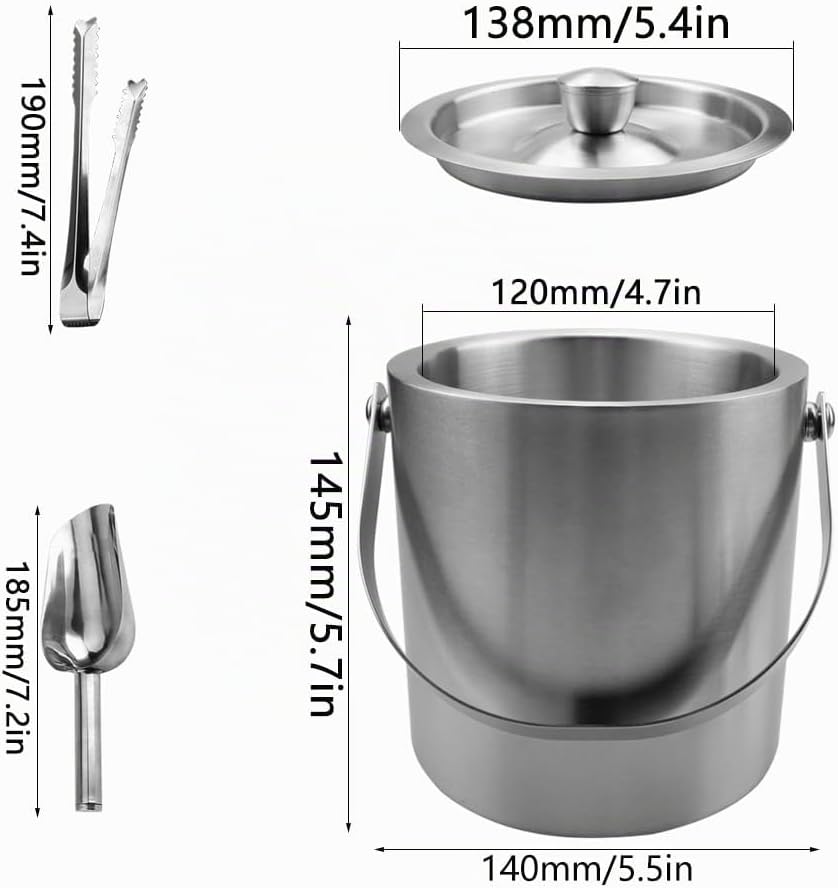 Edelstahl Eiseimer 2L Eiswürfelbehälter Edelstahl mit Deckel Doppelstöckiger Eiswürfelbehälter mit E