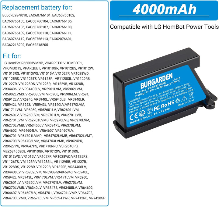 14.4V 4000mAh Li-Ion Akku für LG HomBot VR66801VMIP, VR66802VMWP, VR7412RB Staubsauger Home Cleaner