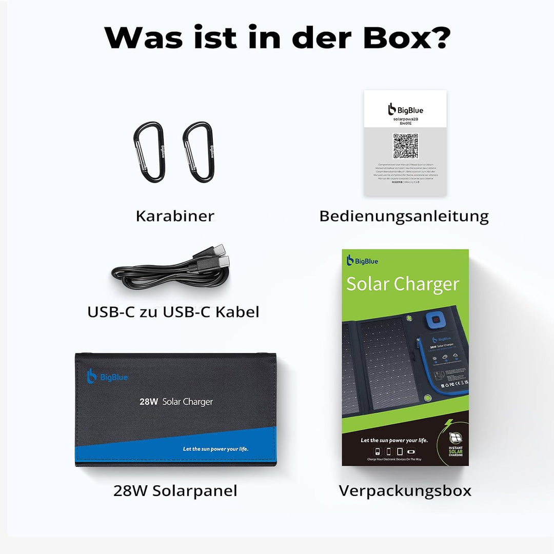 BigBlue 28W Tragbar Solar Ladegerät 2-Port USB(5V/4A insgesamt), IPX4, Solarpanel mit Digital Ampere