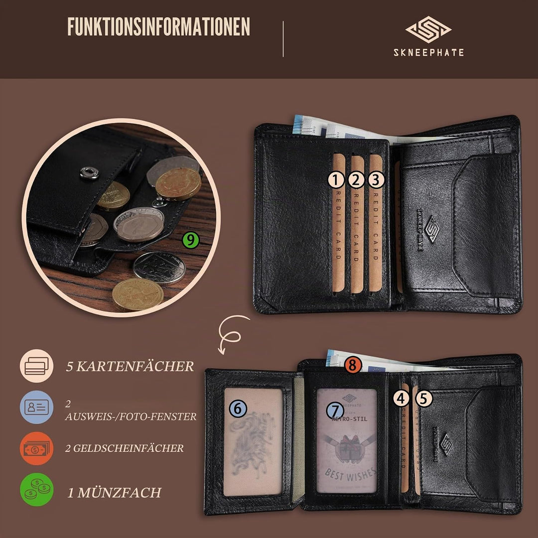 Wolf Geldbörse Herren Mit Münzfach,Portemonnaie Herren Leder,Portmonee RFID Schutz,Geschenk-Ideen Br