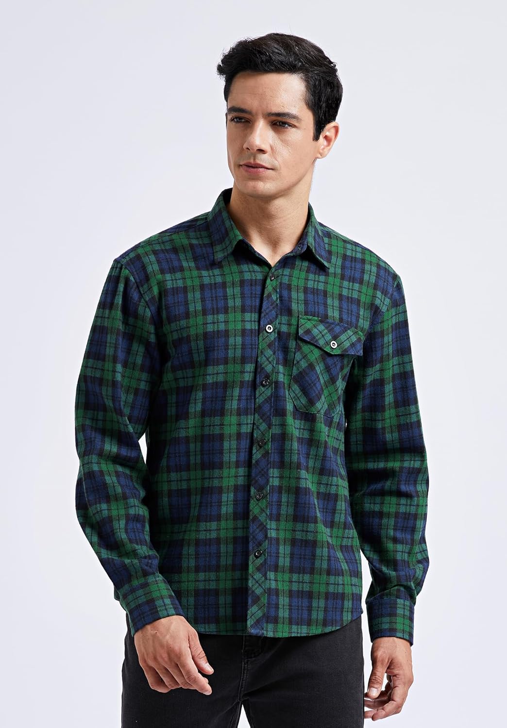 HISDERN Herren Hemd Checked Flanell Shirt, Herren Langarm Oberteil für Männer mit Brusttaschen, Butt