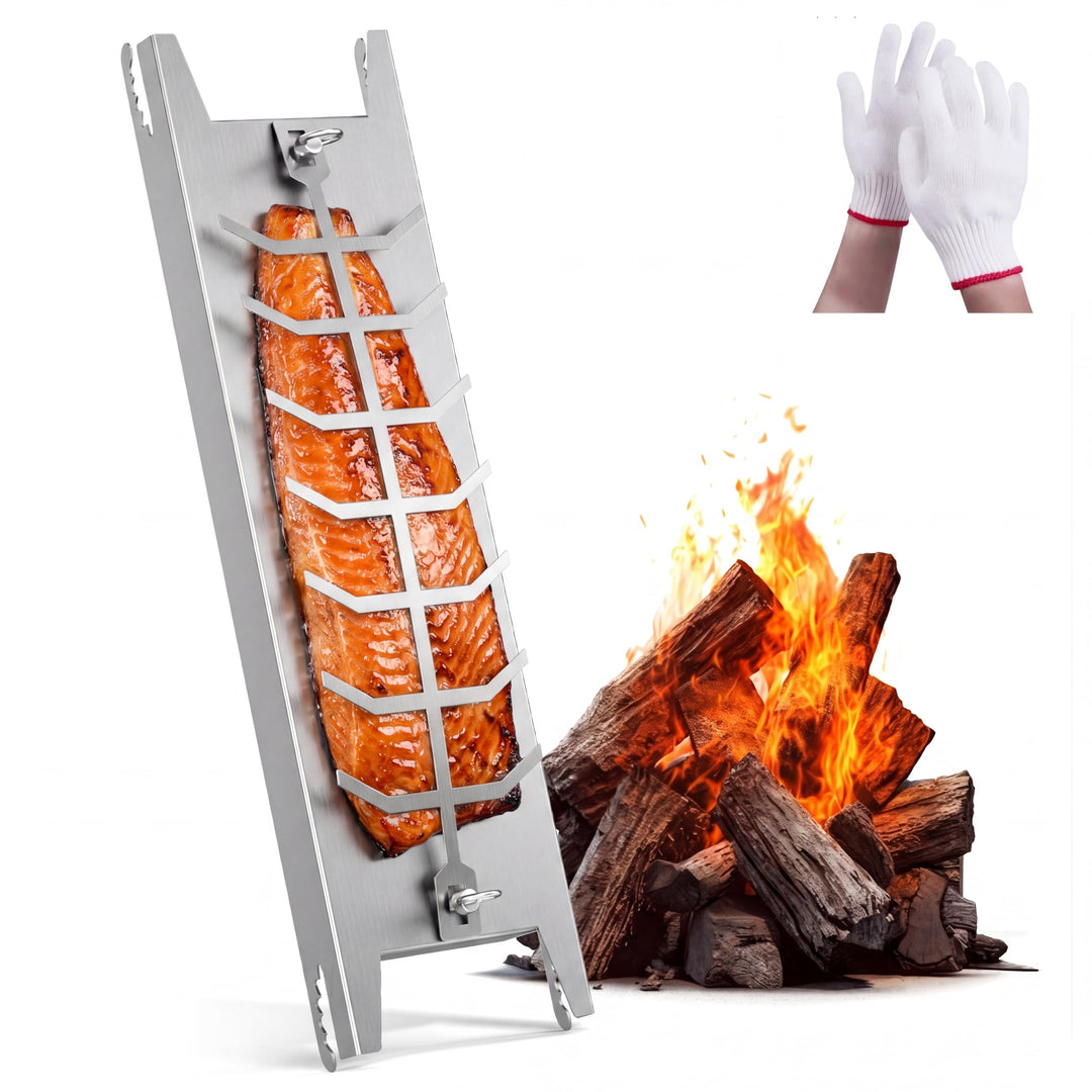 Flammlachsbrett Edelstahl [59,5cm] Extra Langer Flammlachshalte，180° drehbar & 5-stufig Einstellbare