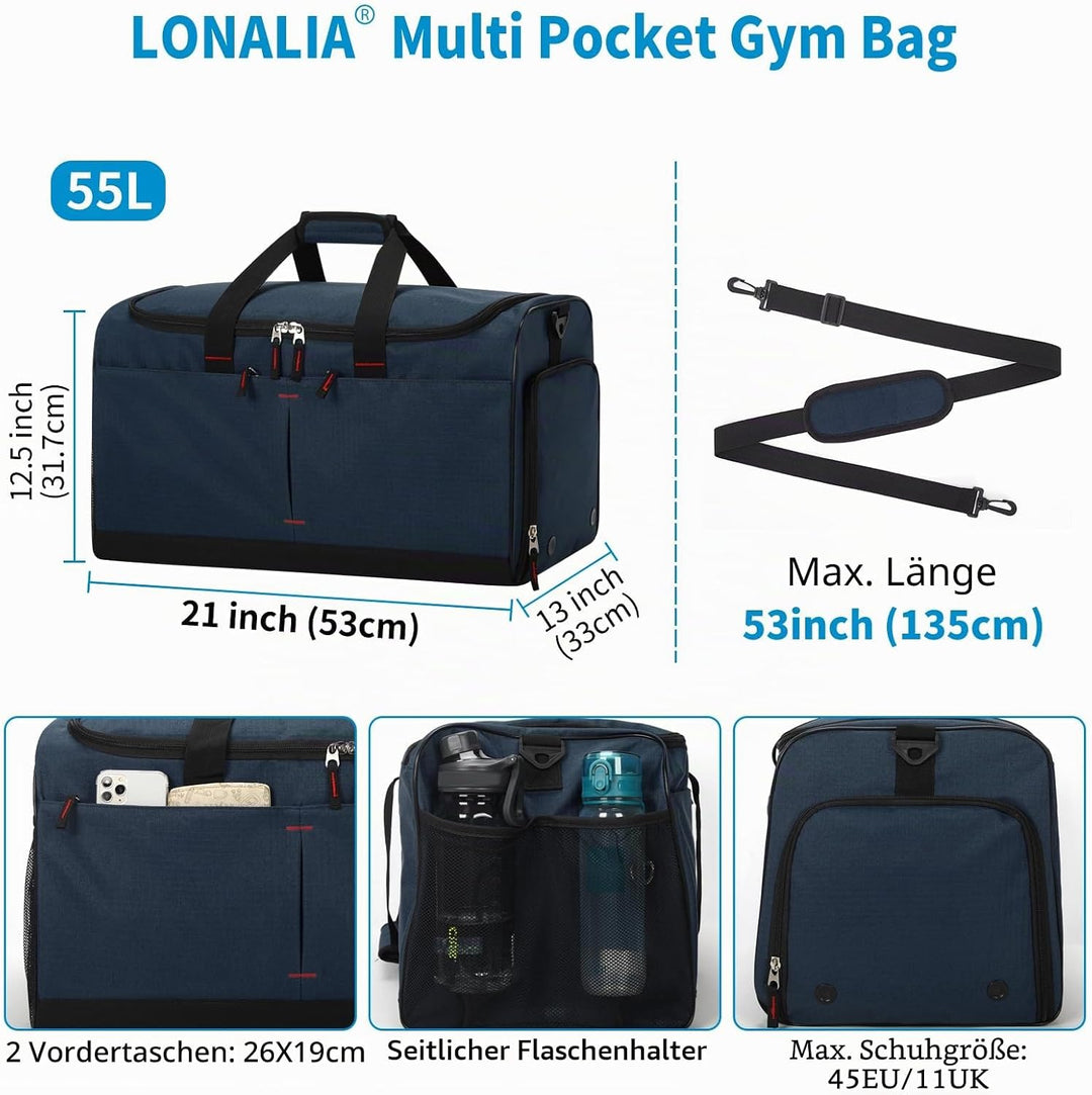 55L Sporttasche &amp; Reisetasche für Herren Gross - mit Schuhfach &amp; Nassfach - Trainingstasche, Tasche