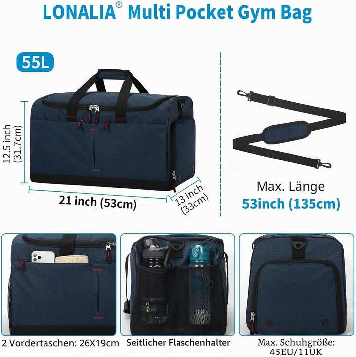 55L Sporttasche &amp; Reisetasche für Herren Gross - mit Schuhfach &amp; Nassfach - Trainingstasche, Tasche